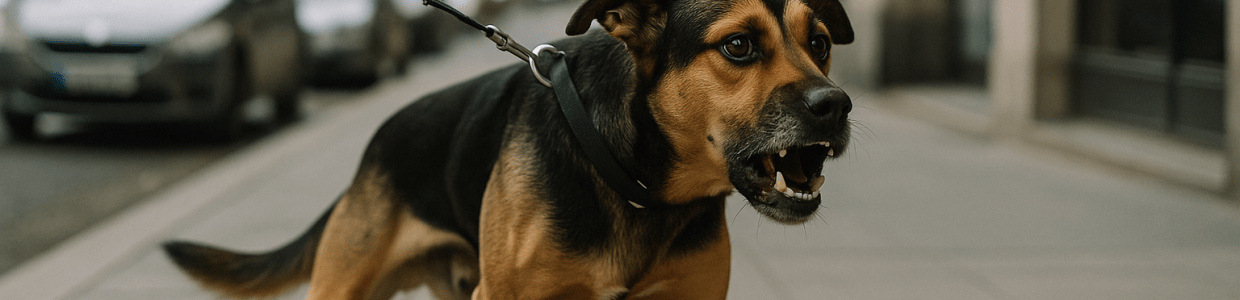 Perro reactivo en la ciudad durante un paseo con correa